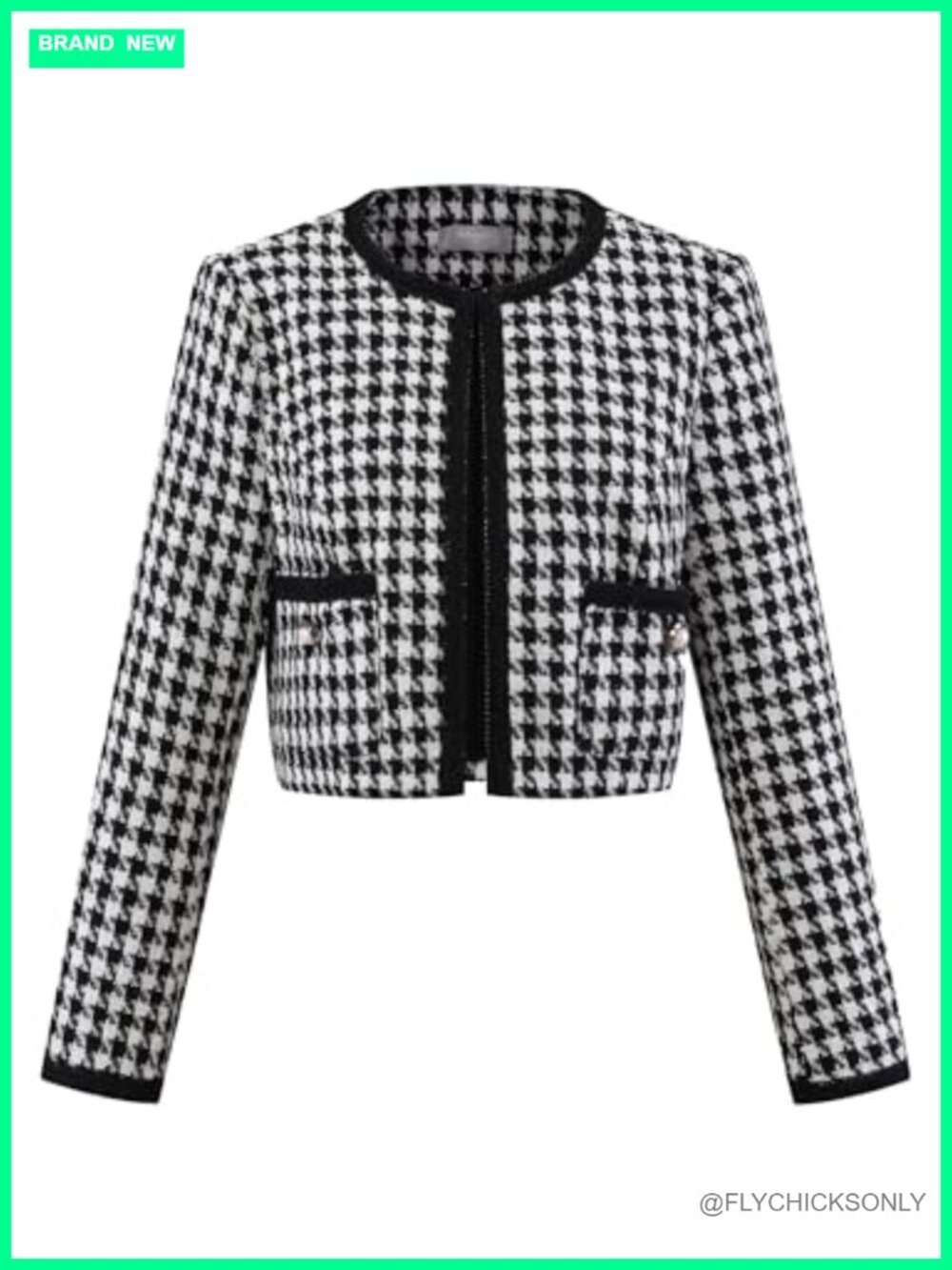 Collarless Houndstooth Cropped Tweed Blazer Jacket